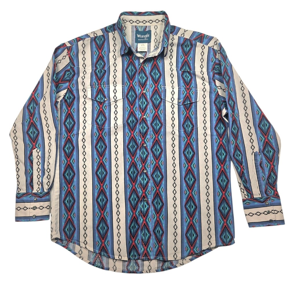 Vintage Wrangler Western Shirt Mens Large Blue Southwestern Geometric Pearl Snap